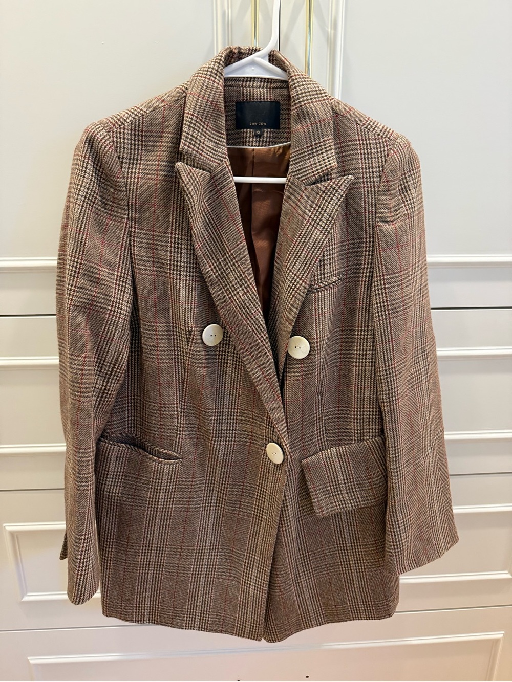 Brown Plaid Double-Breasted Blazer
